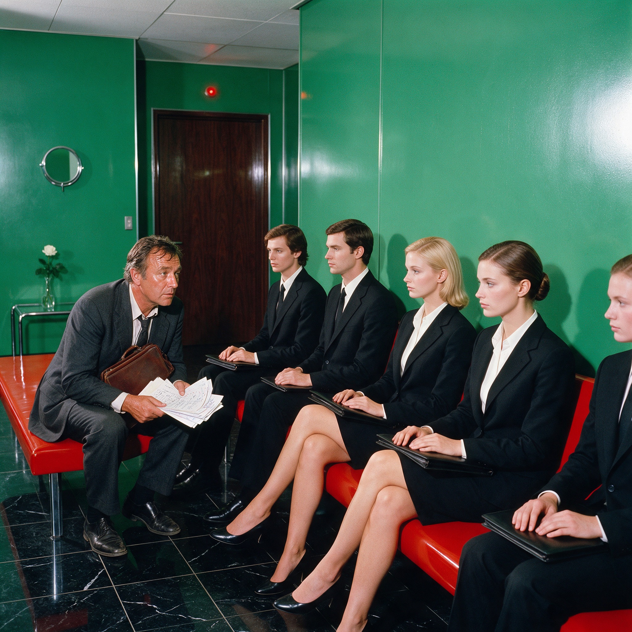 Rumpled older man briefing a row of young suited recruits