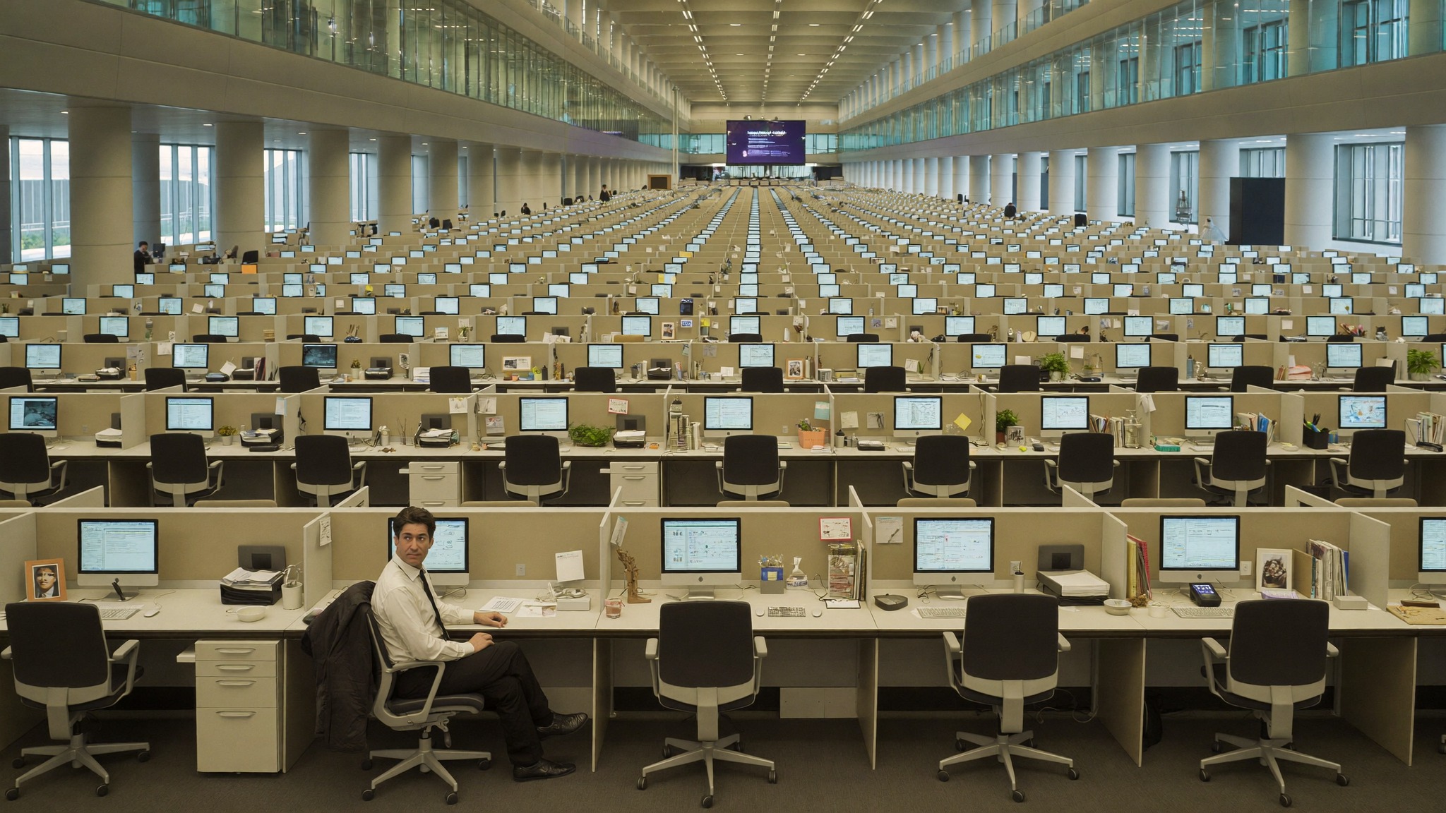 A lone office worker in a vast open-plan floor of identical desks
