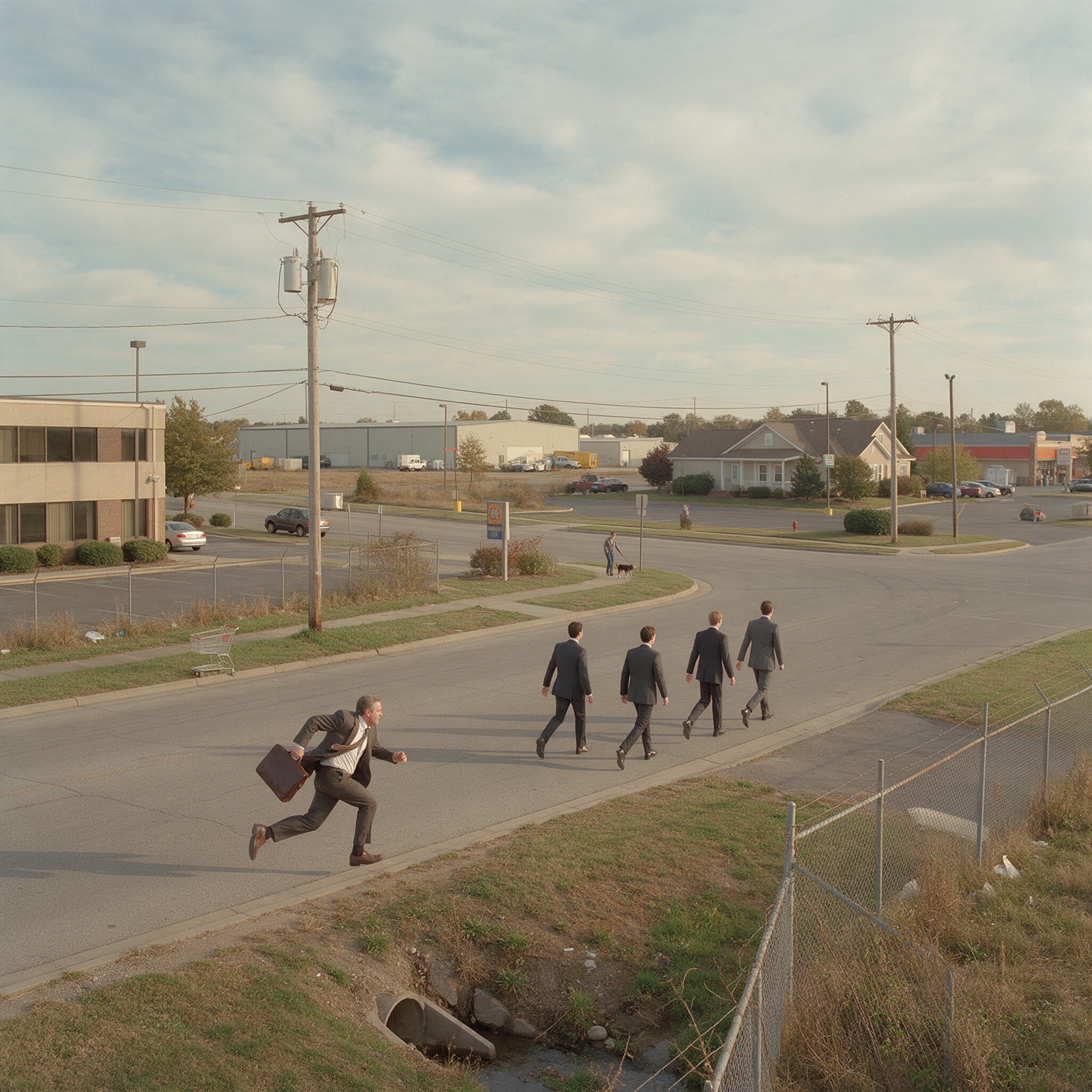 A man with a briefcase running to catch up with four men in suits
