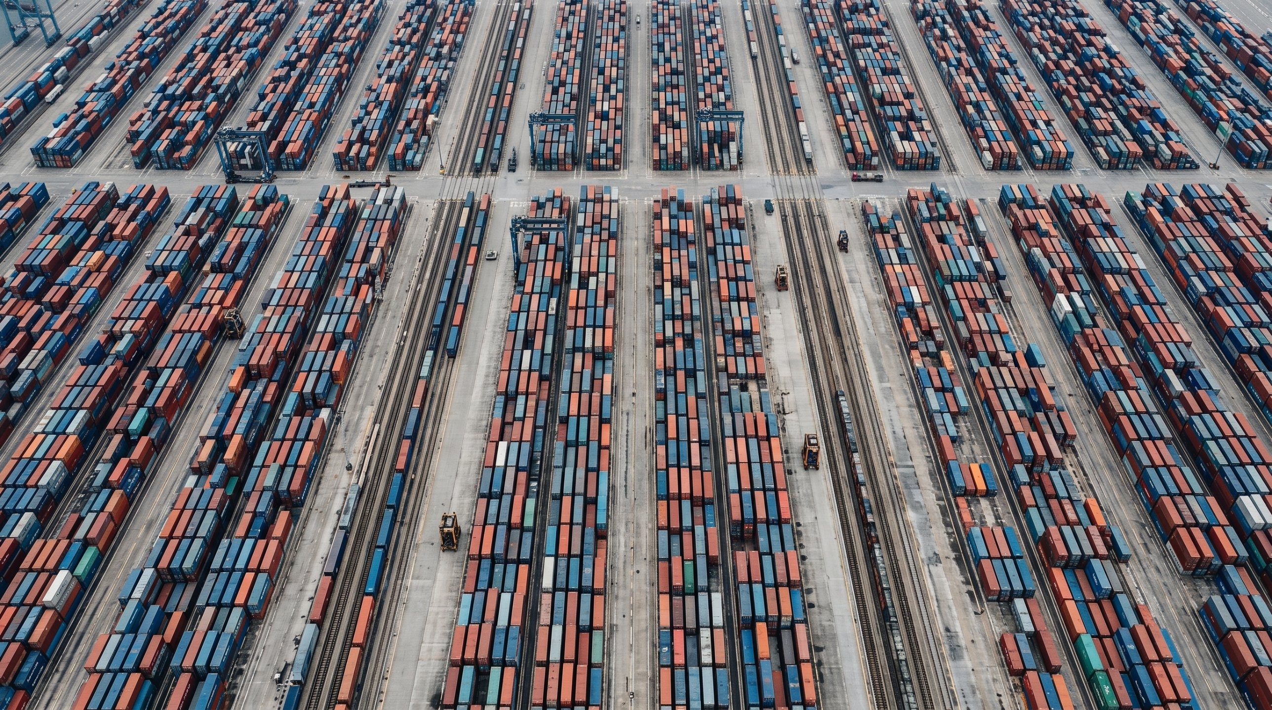 Aerial view of a vast shipping container yard