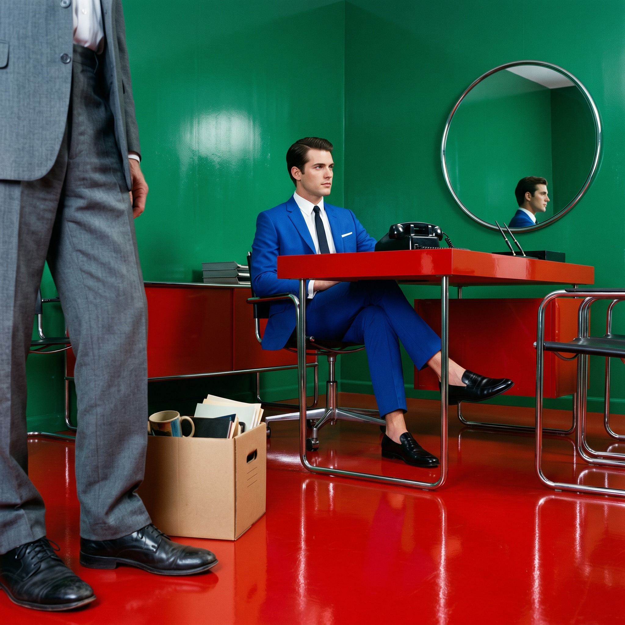 A young man in a blue suit at a red desk while an older man stands beside a packed box