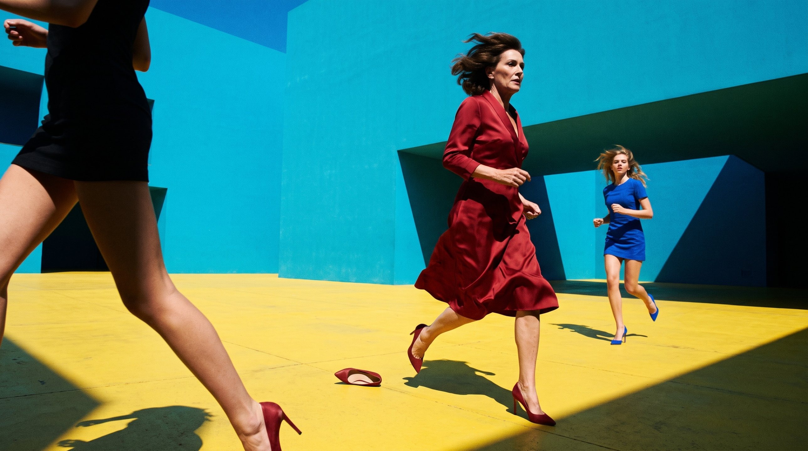 Three women running in heels across a yellow and blue courtyard
