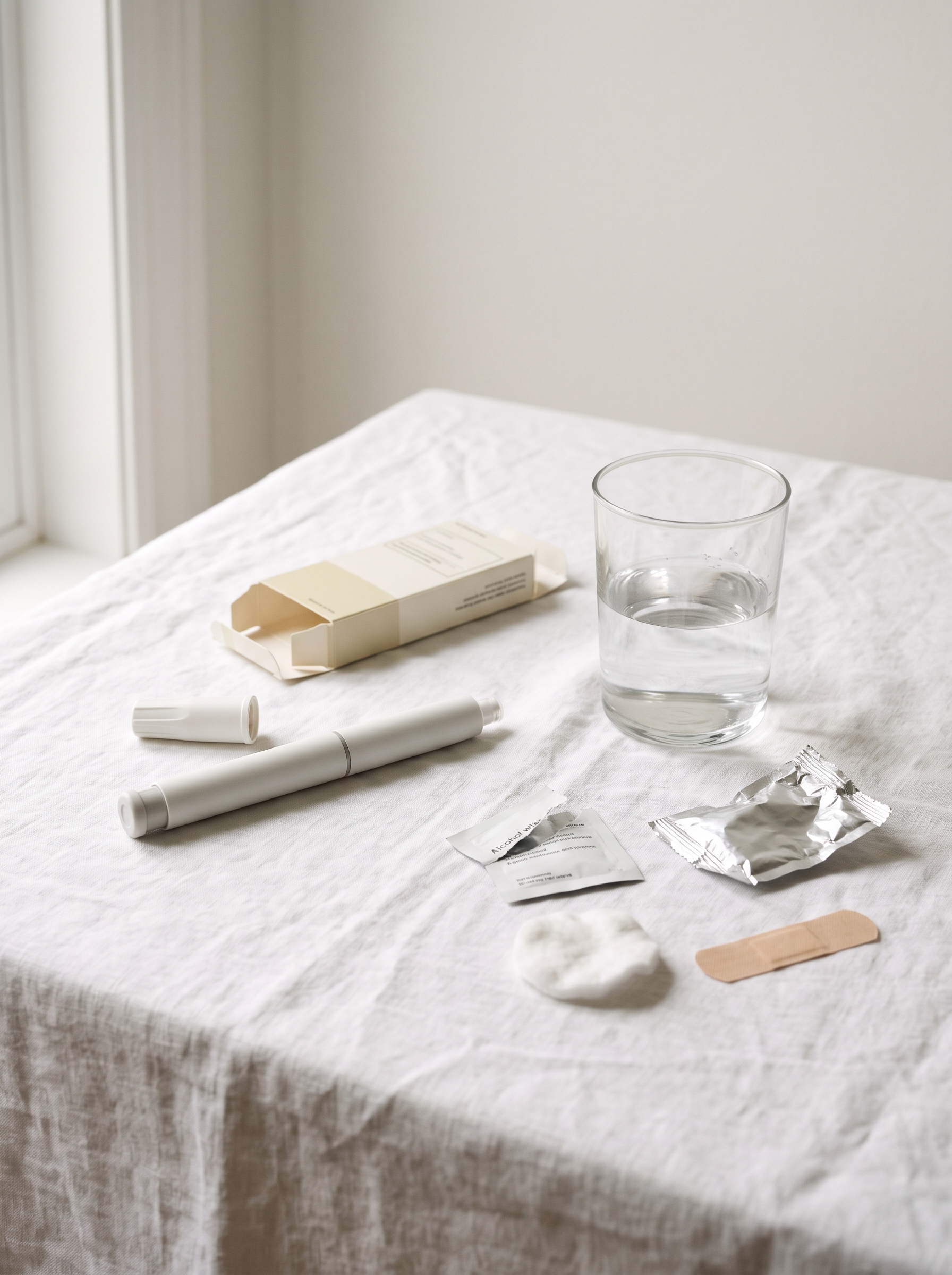 Injection pen on a linen tablecloth