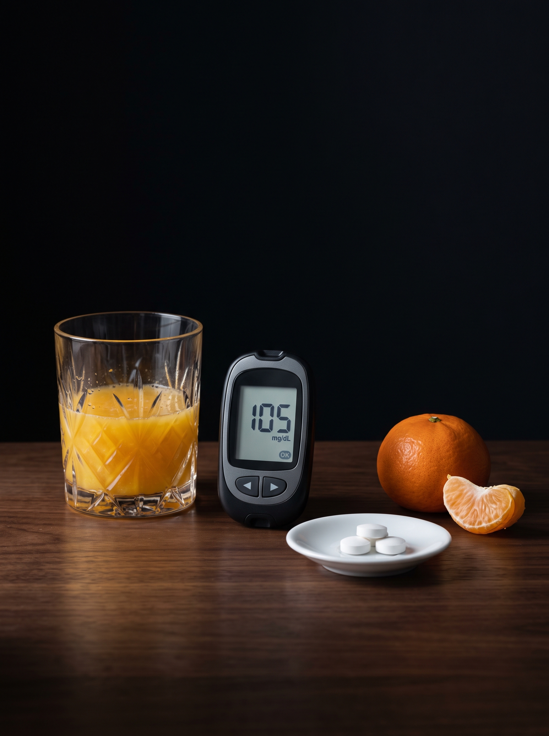 Glucose meter reading 105 beside orange juice